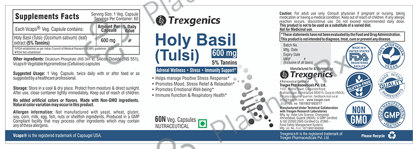 Trexgenics Holy Basil (Tulsi) 5% Tannins 600mg Veg Capsule