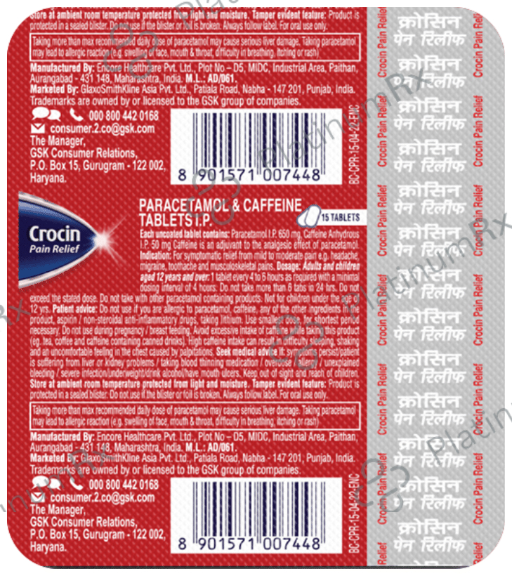 Crocin Pain Relief 50/650mg Tablet 15s