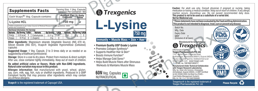 Trexgenics L-Lysine 750mg Veg Capsules
