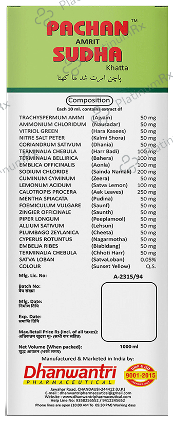 Dhanwantri Pharmaceutical Pachan Amrit Sudha Khatta Tonic 1000 ml