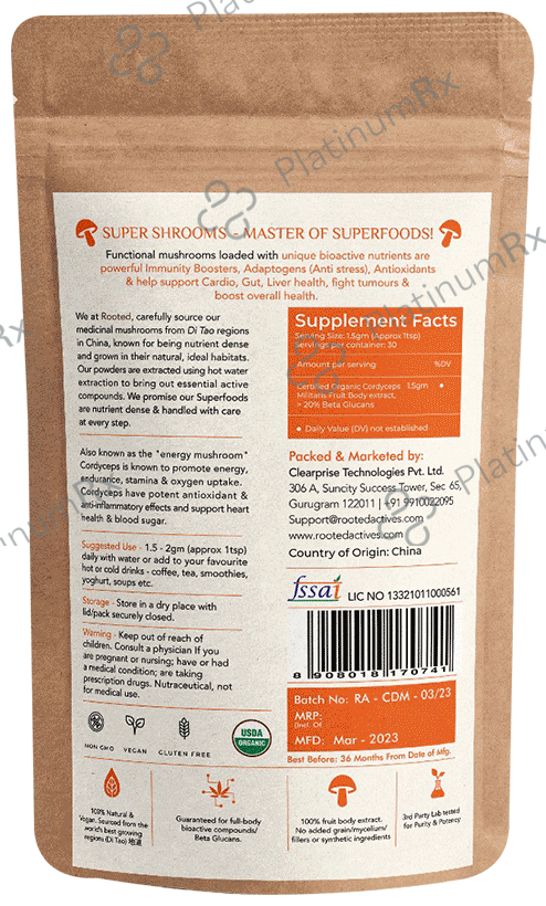Rooted Active Naturals Cordyceps Militaris Organic Mushroom Extract Powder