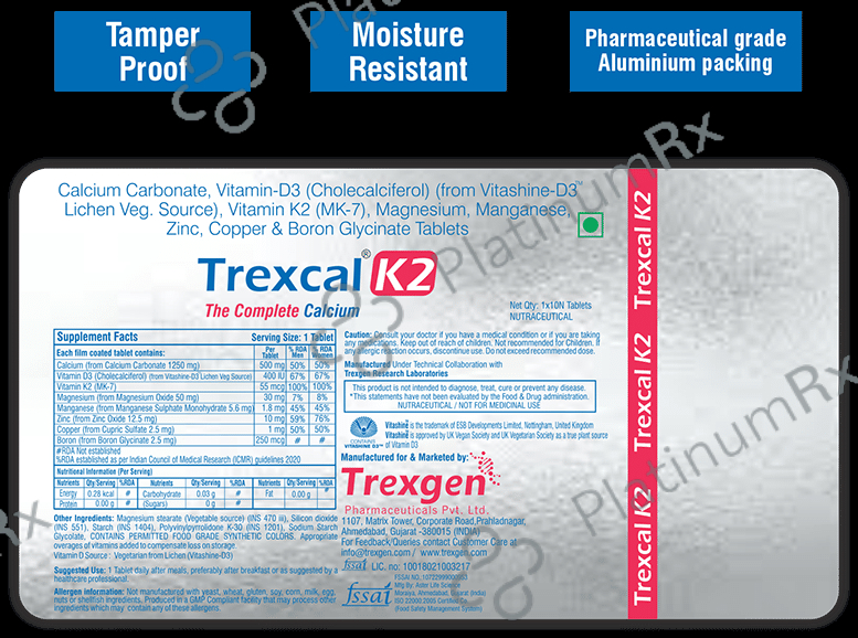 Trexgen Trexcal K2 with Calcium, Zinc & Vitamin D3 for Bone Health - Tablet 50 tablets