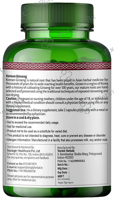 Simply Herbal Korean Ginseng Vegetarian Capsules