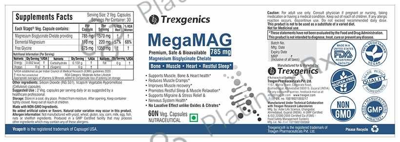 Trexgenics MegaMag with Magnesium Bis-Glycinate - Veg Capsule for Bones, Muscles, Heart & Restful Sleep