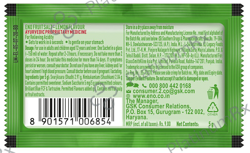 Eno Powder - Provides Fast Relief from Acidity - Flavour Lemon 5 gm