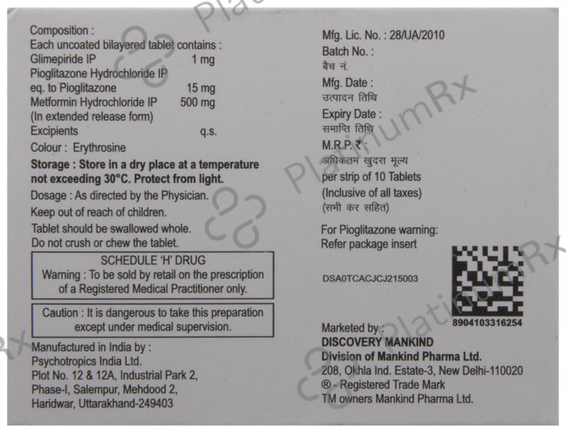Glimestar PM 1/500/15mg Tablet ER 10s