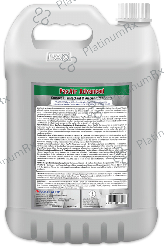 PaxAir Advanced Surface Disinfectant & Air Sanitizer Spray 5 Ltr