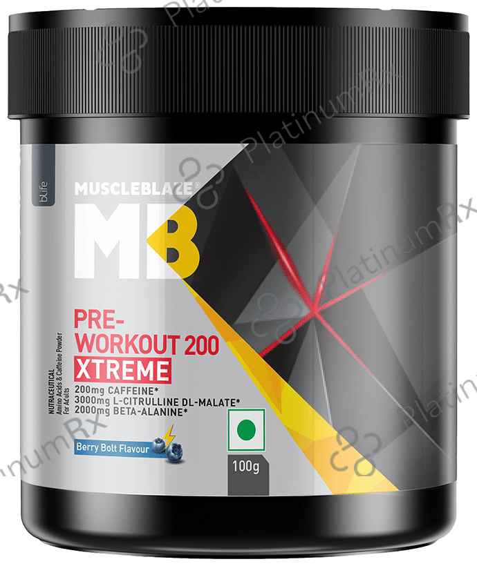 MuscleBlaze Pre-Workout 200 Xtreme - For Energy, Endurance & Muscle Pump - Powder Berry Bolt