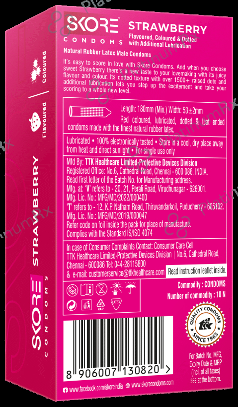 Skore Flavored Dotted & Coloured Condoms Flavour Strawberry 10s