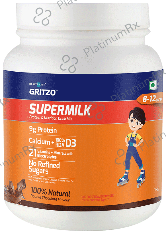 Gritzo SuperMilk for Active Kids, Protein Powder for Kids, High Protein (6 g), DHA, Calcium + D3, 21 Nutrients, No Refined Sugar, 100% Natural Double Chocolate Flavour 8-12 years Double Chocolate 1 kg