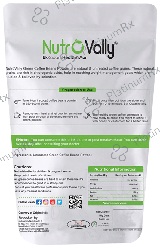 Nutrovally Unroasted Green Coffee Beans Powder (100gm Each) 1 Pack