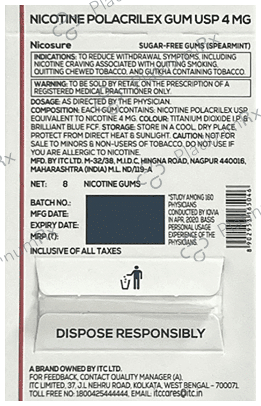 Nicosure 4mg Nicotine Polacrilex USP Gum Spearmint- Sugar Free