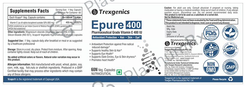 Trexgenics Epure Vitamin E 400mg Veg Capsule