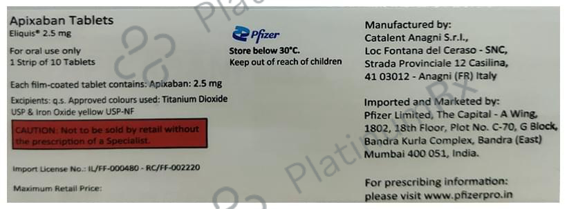 Eliquis 2.5mg Tablet 10s