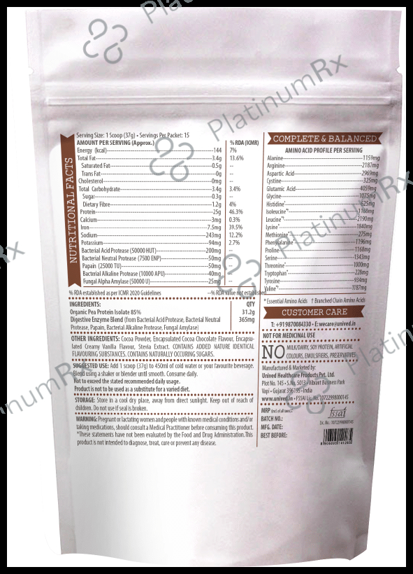 Unived Pea Protein Isolate with Natural Digestive Enzymes Chocolate 555 gm