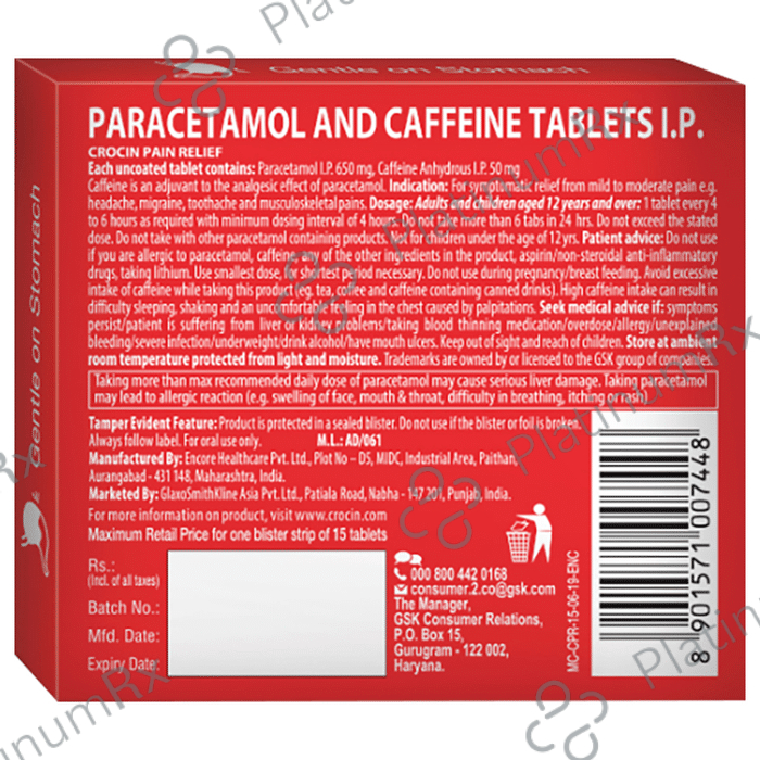 Crocin Pain Relief 50/650mg Tablet 15s