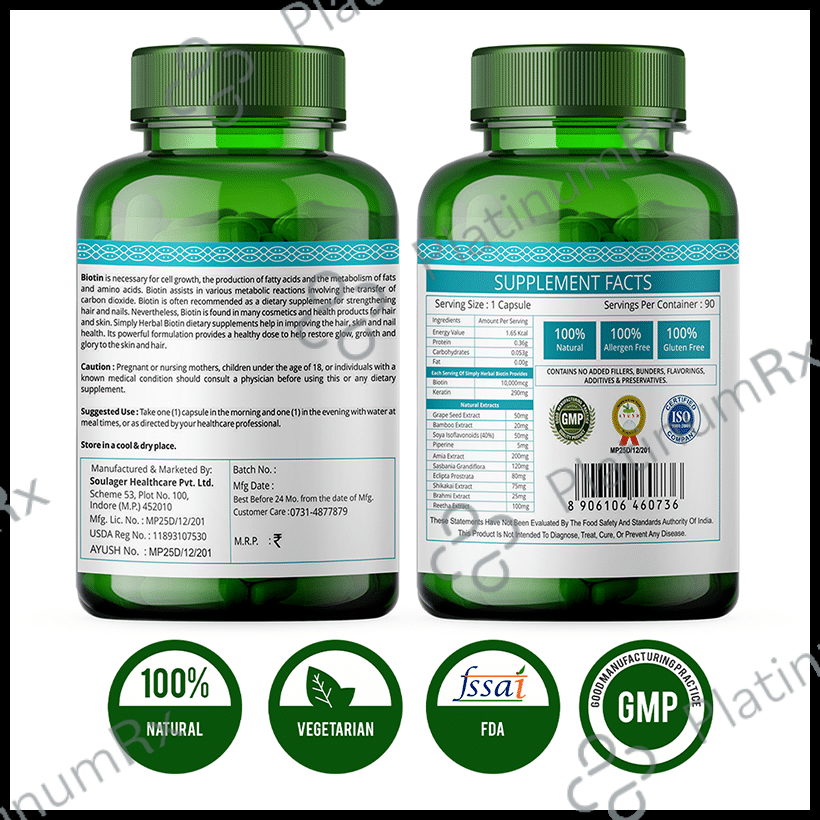 Simply Herbal Biotin 10000mcg - With Keratin & Amino Acids for Hair, Skin & Nails - Capsule
