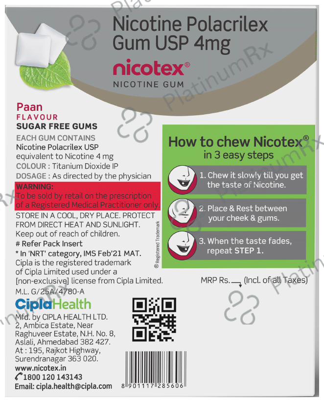 Nicotex Nicotine 4mg Sugar Free Gums 12s