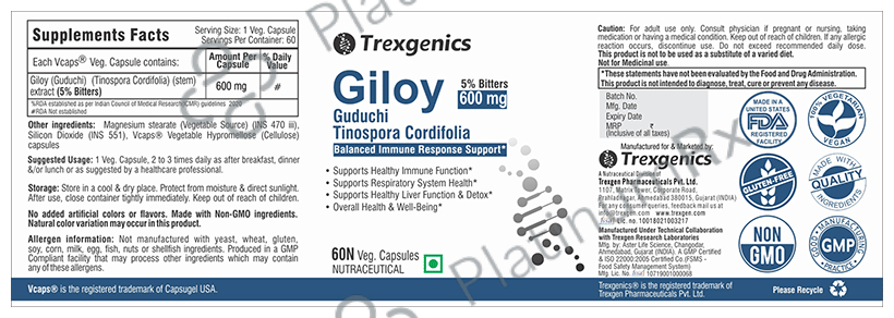 Trexgenics Giloy Guduchi 5% Bitters 600mg Veg Capsule