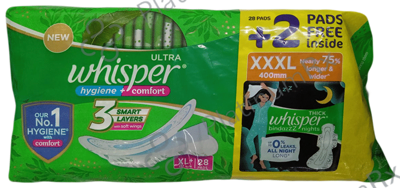 Whisper Ultra Hygiene + Comfort Sanitary Pads XL+ with 2 Whisper Thick Bindazzz Nights Sanitary Pads XXXL Free 28 pads