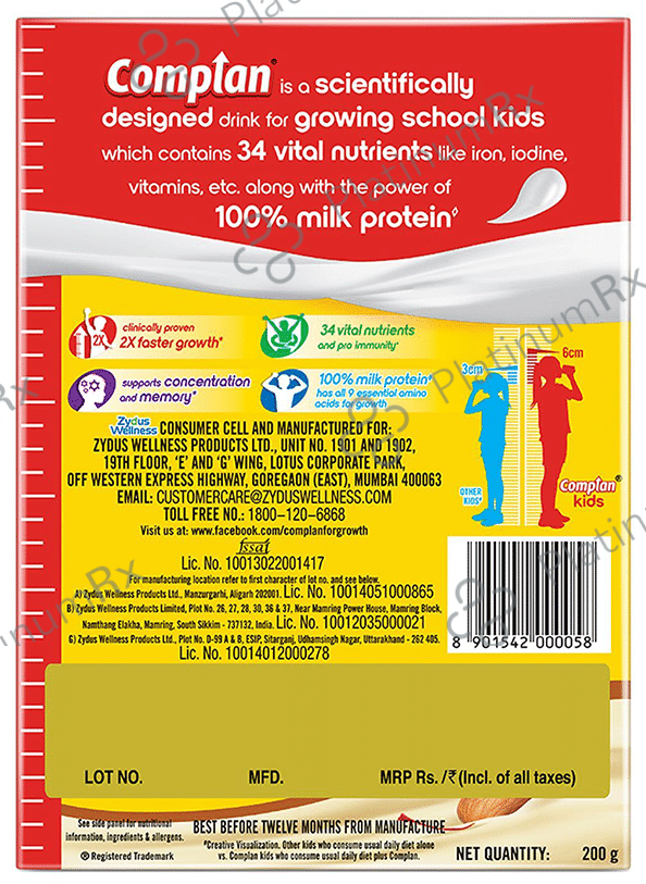Complan 100% Milk Protein for Concentration, Memory & Growth - Flavour Kesar Badam Refill 200 gm
