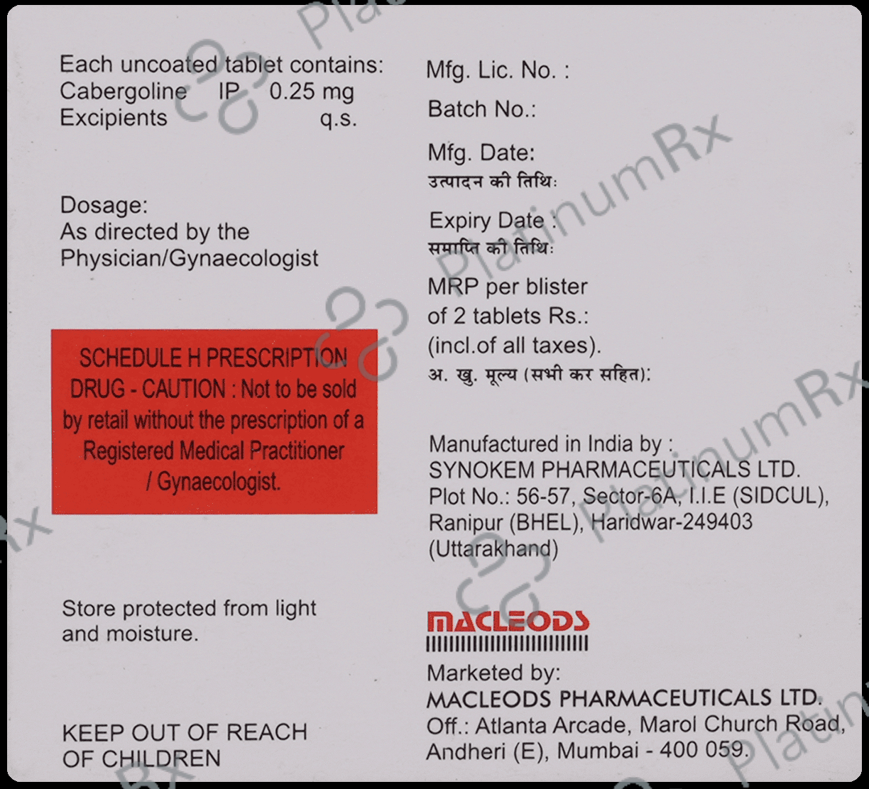 Cabliz 0.25mg Tablet