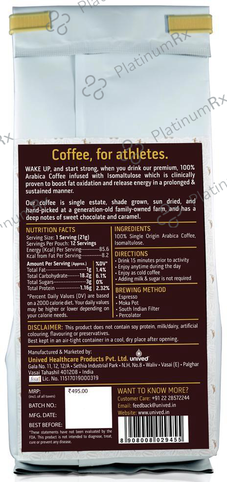 Unived Sports Coffee for Athletes, 100% Premium Arabica Coffee with Isomaltulose, Dark Roast Finely Ground