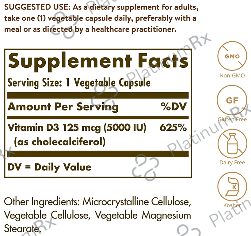 Solgar Vitamin D3 (Cholecalciferol) 5000IU Vegetable Capsule 60 capsules