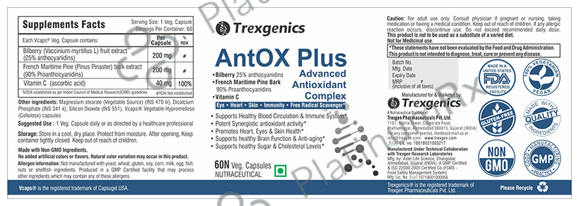 Trexgenics Antox Plus Bilberry Pine Bark Veg. Capsules
