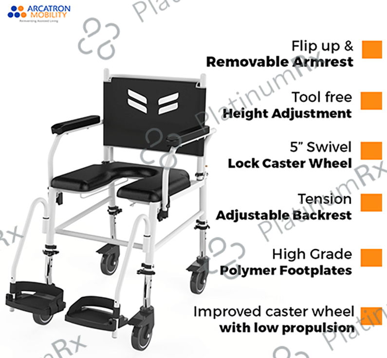 Arcatron Mobility Frido Prime Assistant Propelled Shower Commode Wheelchair Black