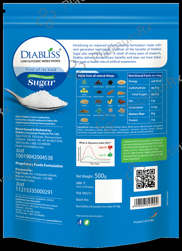 Diabliss Sugar with Low Glycemic Index - Diabetic Friendly & 500 gm