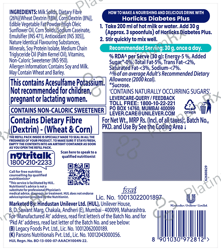 Horlicks Diabetes Plus for Blood Sugar & Weight Management - No Added Sugar - Flavour Vanilla Powder