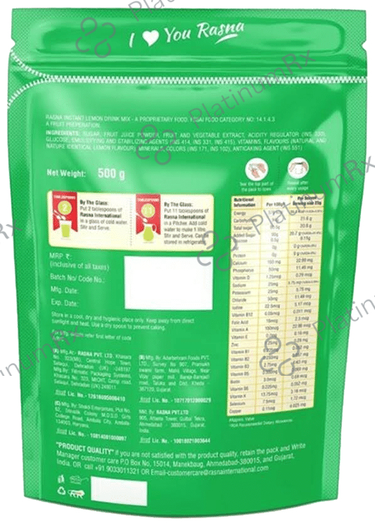 Rasna International with Glucose, Minerals & Vitamins - Flavour Instant Lemon