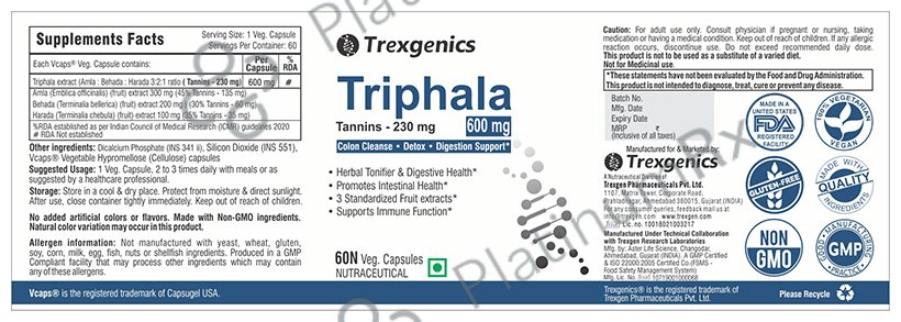 Trexgenics Triphala 600mg Tannins 230mg Veg Capsule