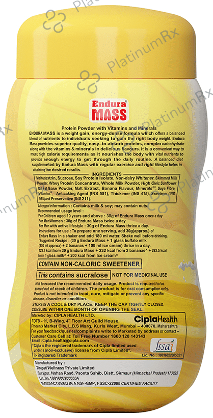 Endura Mass Weight Gainer 500gm - Flavour Banana