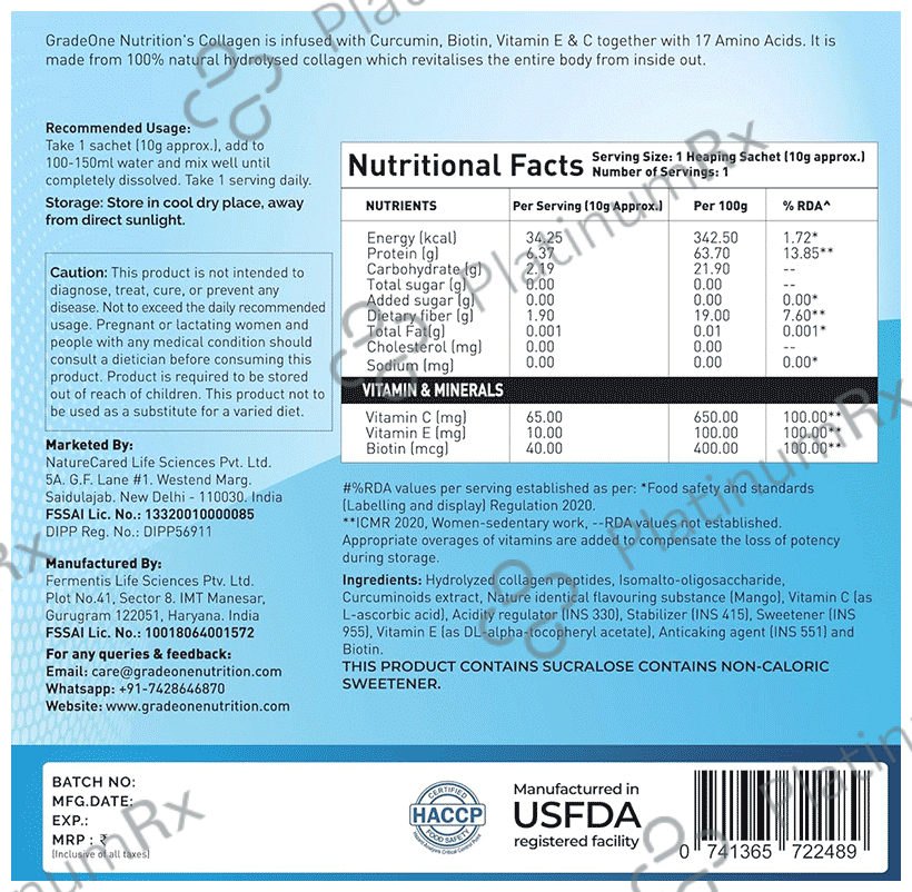 Gradeone Nutrition Marine Collagen Powder Sachet For Skin Hair Nails & Joints (10gm Each) 6 Sachets
