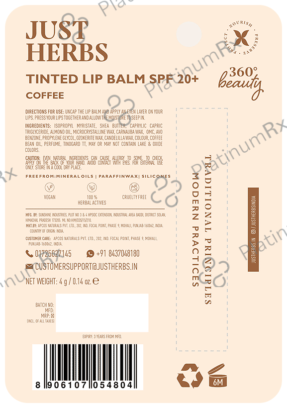 Just Herbs Tinted Lip Balm SPF 20+ Almond Oil + Shea Butter Coffee