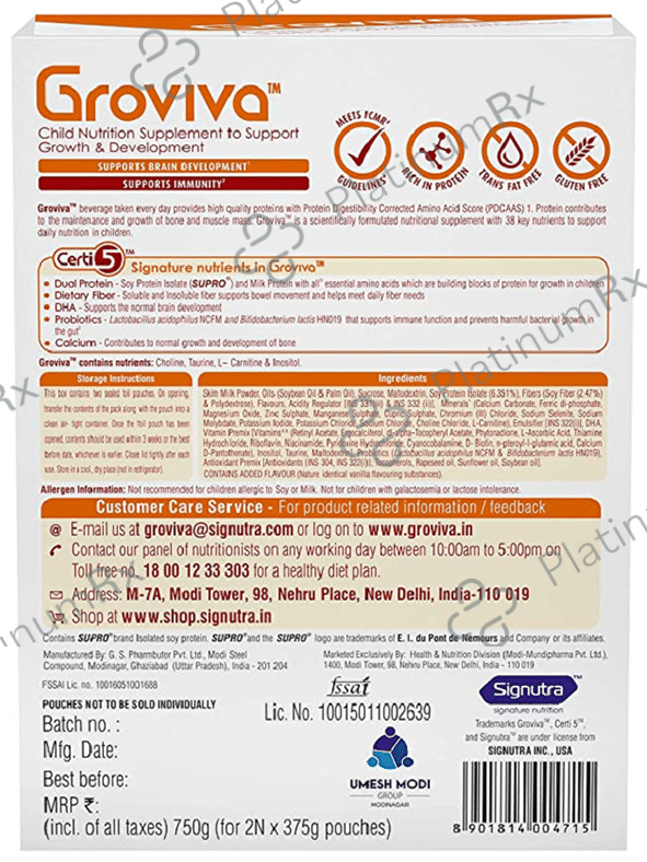Groviva Child Nutrition for Physical Growth, Brain Development & Immunity - Flavour Vanilla Powder 750 gm