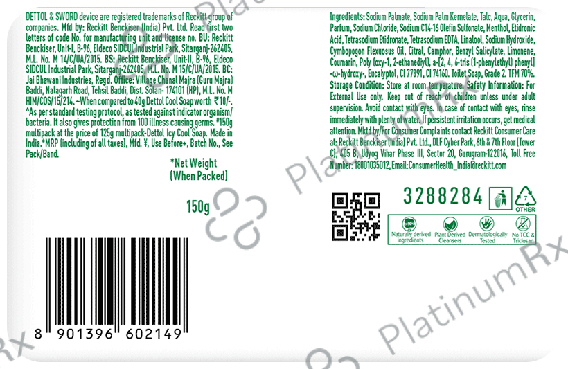 Dettol Icy Cool Bathing Soap Bar with 2X Menthol (150gm Each) 5 units
