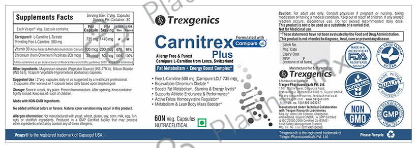 Trexgenics Carnitrex Plus L-Carnitine Carnipure Veg Capsules