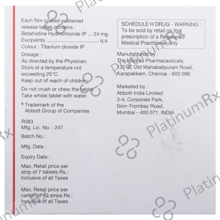 Vertin OD 24mg Tablet SR 7 tablets