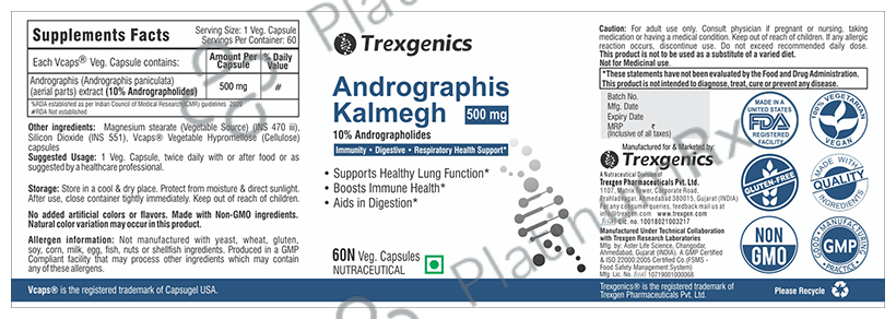 Trexgenics Andrographis Kalmegh 10% Andrographolides 500mg Veg Capsule
