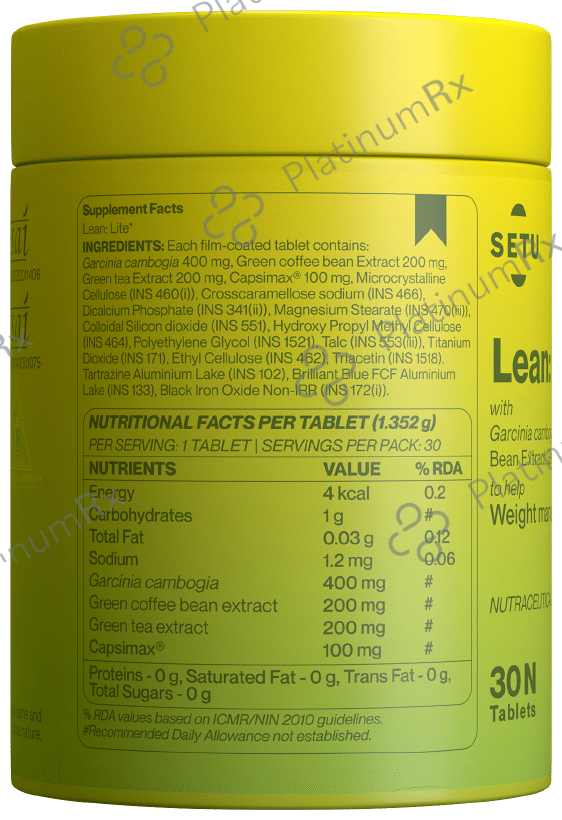 Setu Lean: Lite Tablet with Capsimax, Garcinia Cambogia, Green Tea Ext for Fat Burn & Weight Loss (30 Each)