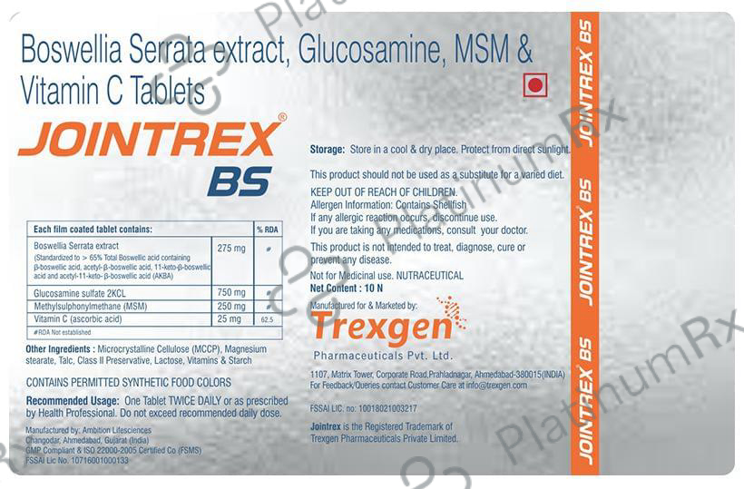 Trexgen Jointrex BS Glucosamine MSM Boswellia Tablet 10 tablets