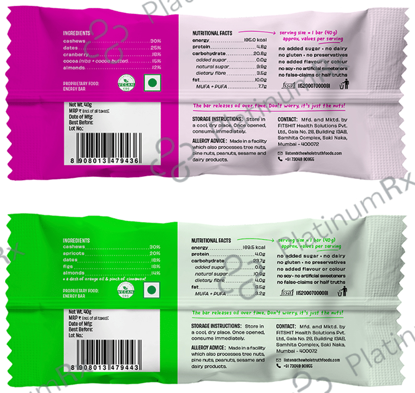 The Whole Truth Vegan Energy Bar (40gm Each) - 3 Cocoa Cranberry Fudge, 3 Fig Apricot Orange