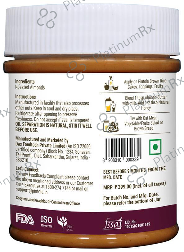 Pintola All Natural Almond Butter Crunchy 200 gm