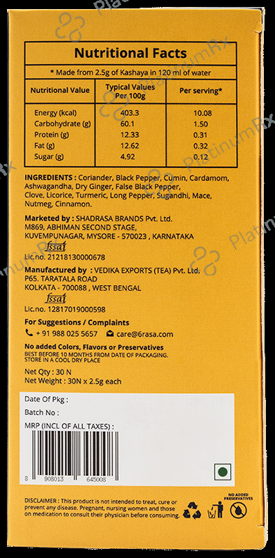 6 Rasa Kashya The Original Herbal Infusion Tea Bag (2.5gm Each)
