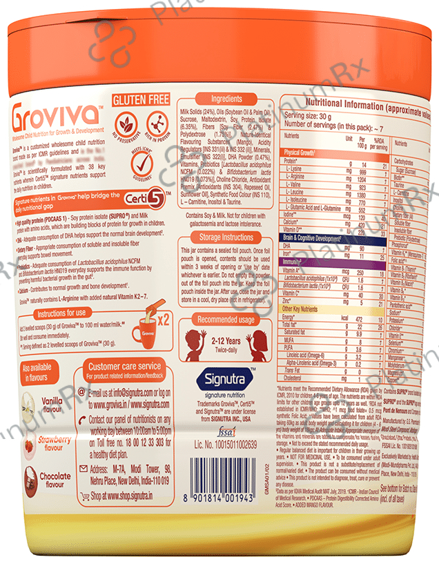 Groviva Child Nutrition for Physical Growth, Brain Development & Immunity - Flavour Mango Powder 200 gm