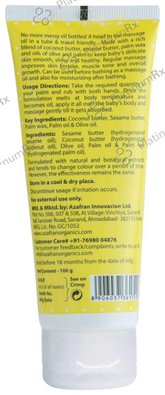 Azafran Organics Baby Massage Oil in a Tube Sulphate Free Paraben Free