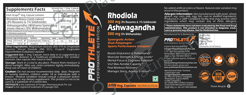 Prothlete Rhodiola 300mg 3% Rosavins & 1% Salidroside Ashwagandha 300mg 5% Withanolides Veg Capsule